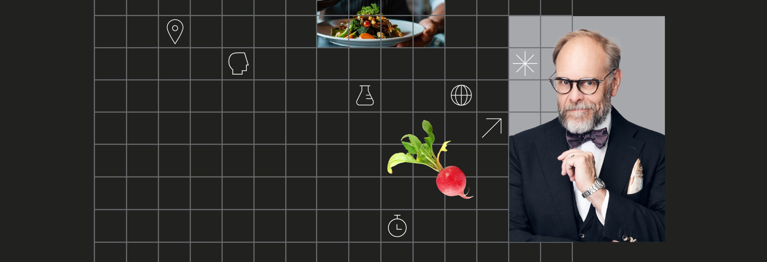 A headshot of Alton Brown next to a grid filled with icons and food images