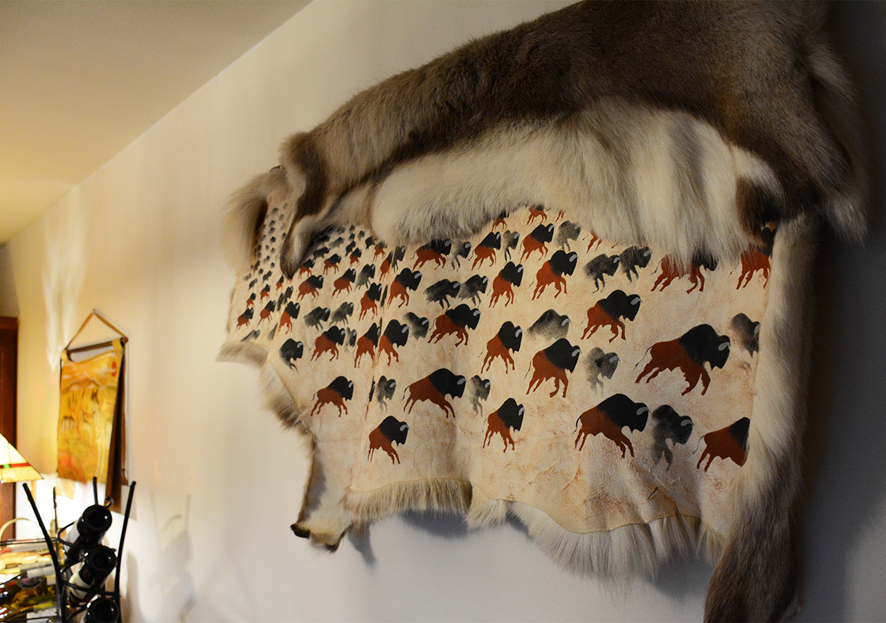 buffalo skin hanging on wall