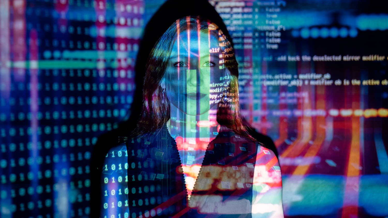 code projected onto a person's silhouette