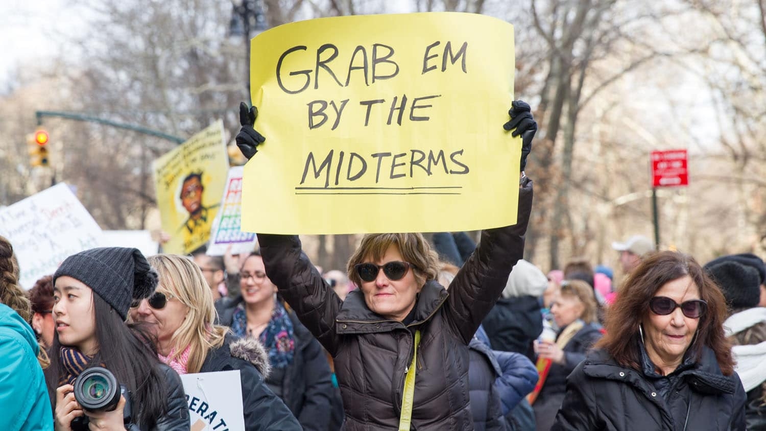 woman at a political demonstration holds a sign reading "Grab em by the midterms"