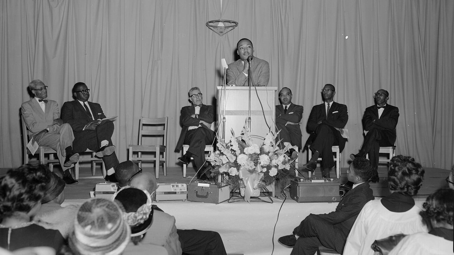 Martin Luther King, Jr. addressing a crowd in Rocky Mount, N.C. in 1962.