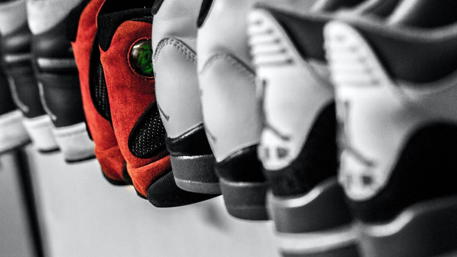 red and white sneakers lined up
